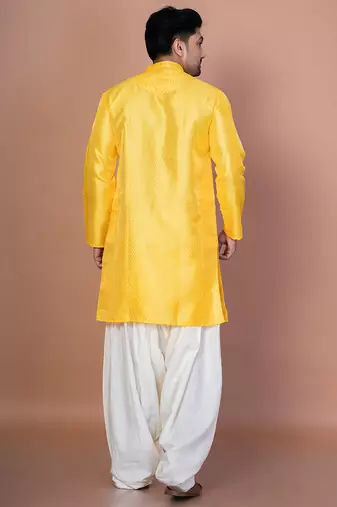 Golden bangalorian silk kurta patiala set for men with embroidery work