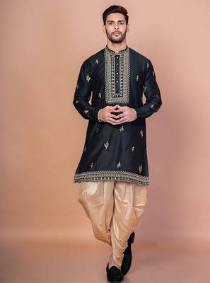 Black cotton blend kurta patiala set for men with embroidery work 1