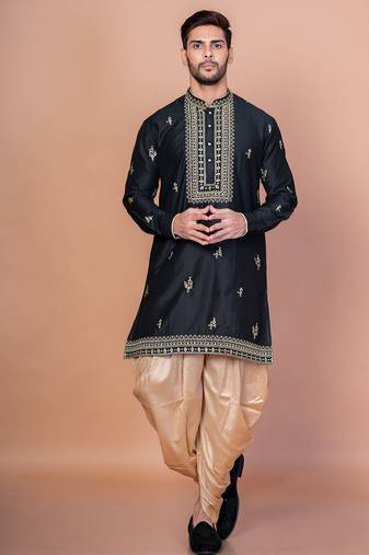 Black cotton blend kurta patiala set for men with embroidery work