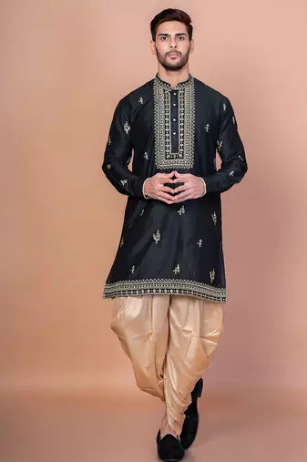 Black cotton blend kurta patiala set for men with embroidery work