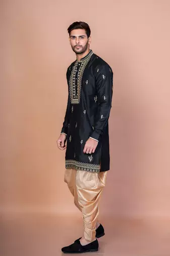 Black cotton blend kurta patiala set for men with embroidery work