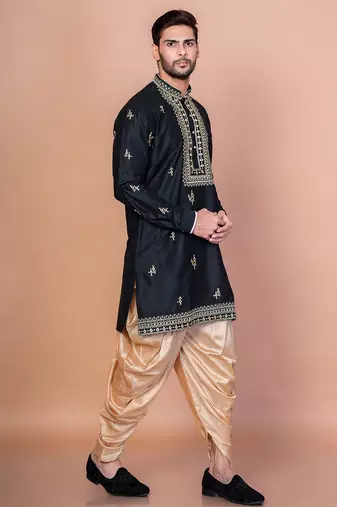 Black cotton blend kurta patiala set for men with embroidery work