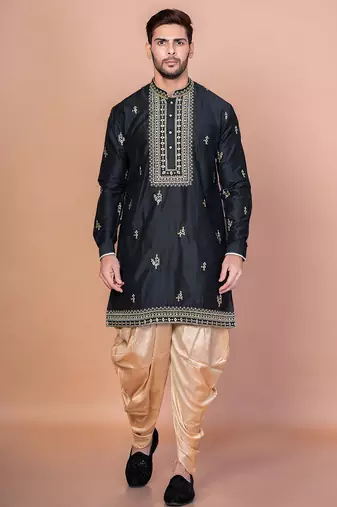 Black cotton blend kurta patiala set for men with embroidery work