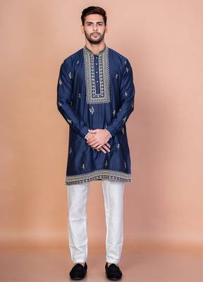 Navy blue cotton blend kurta pyjama set for men with embroidery work 1