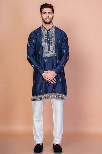 Navy blue cotton blend kurta pyjama set for men with embroidery work