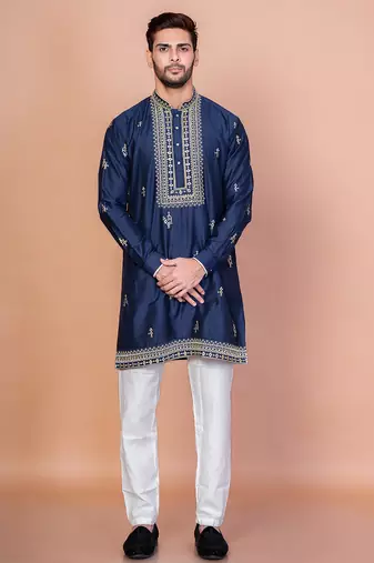 Navy blue cotton blend kurta pyjama set for men with embroidery work