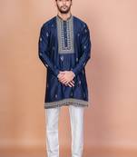Navy blue cotton blend kurta pyjama set for men with embroidery work
