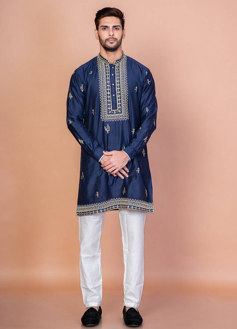 Navy blue cotton blend kurta pyjama set for men with embroidery work