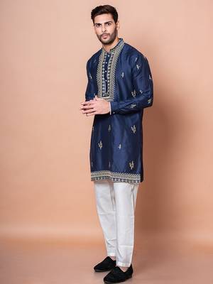 Navy blue cotton blend kurta pyjama set for men with embroidery work 2