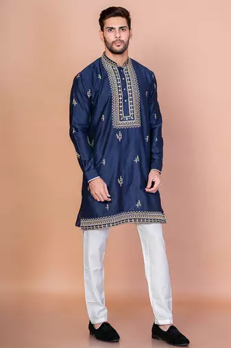 Navy blue cotton blend kurta pyjama set for men with embroidery work