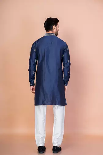 Navy blue cotton blend kurta pyjama set for men with embroidery work