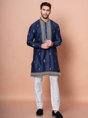 Navy blue cotton blend kurta pyjama set for men with embroidery work 5