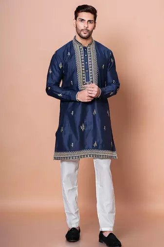 Navy blue cotton blend kurta pyjama set for men with embroidery work