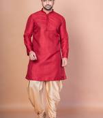 Red bangalorian silk kurta dhoti set for men with embroidery work