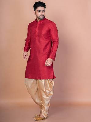 Red bangalorian silk kurta dhoti set for men with embroidery work 3