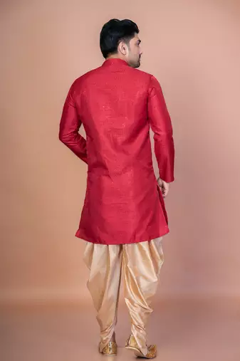 Red bangalorian silk kurta dhoti set for men with embroidery work