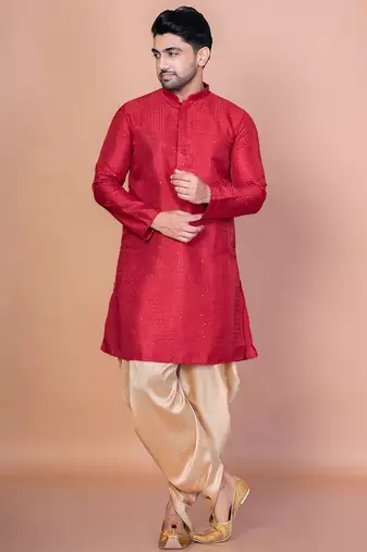 Red bangalorian silk kurta dhoti set for men with embroidery work
