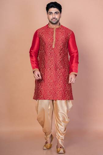 Red banarasi silk kurta churidar set for men with printed design