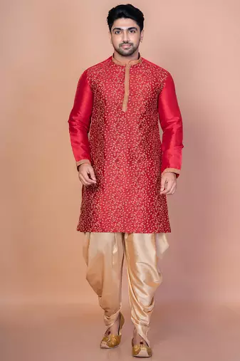 Red banarasi silk kurta churidar set for men with printed design