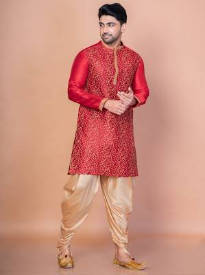 Red banarasi silk kurta churidar set for men with printed design 3