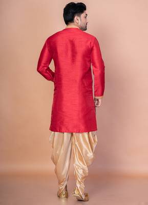 Red banarasi silk kurta churidar set for men with printed design 4