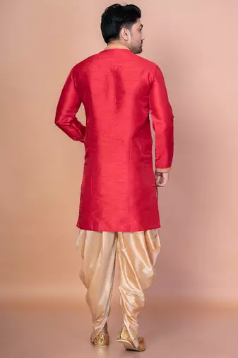 Red banarasi silk kurta churidar set for men with printed design