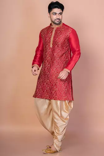 Red banarasi silk kurta churidar set for men with printed design