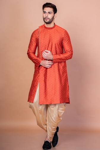 Orange banarasi silk kurta churidar set for men with printed design