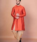 Orange banarasi silk kurta churidar set for men with printed design