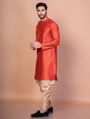 Orange banarasi silk kurta churidar set for men with printed design 3