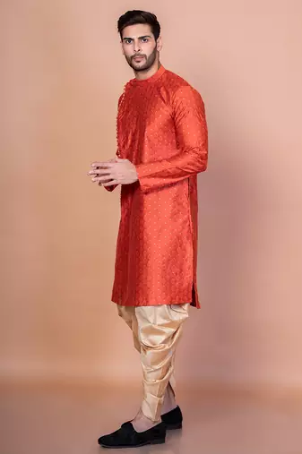Orange banarasi silk kurta churidar set for men with printed design