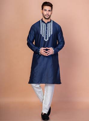 Navy blue cotton blend kurta pyjama set for men with embellished work 1