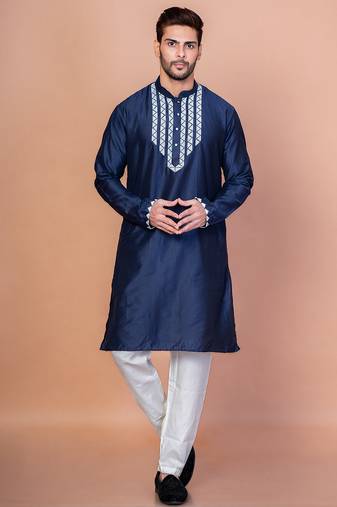 Navy blue cotton blend kurta pyjama set for men with embellished work