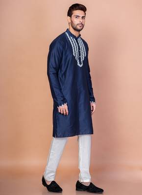 Navy blue cotton blend kurta pyjama set for men with embellished work 2