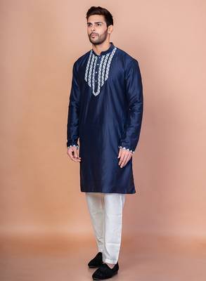 Navy blue cotton blend kurta pyjama set for men with embellished work 3