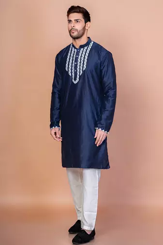 Navy blue cotton blend kurta pyjama set for men with embellished work