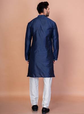 Navy blue cotton blend kurta pyjama set for men with embellished work 4