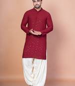 Red cotton blend kurta patiala set for men with embroidery work