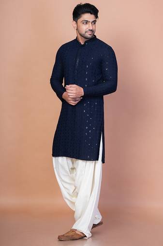 Navy blue cotton blend kurta patiala set for men with embroidery work