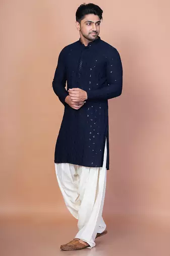 Navy blue cotton blend kurta patiala set for men with embroidery work