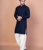 Navy blue cotton blend kurta patiala set for men with embroidery work