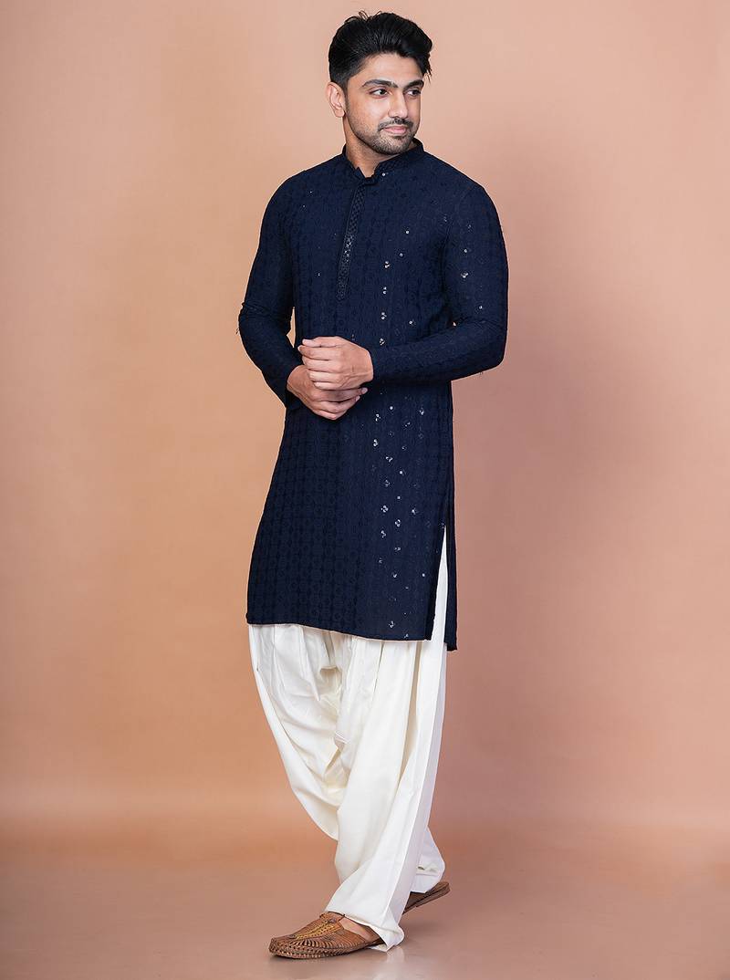 Navy blue cotton blend kurta patiala set for men with embroidery work