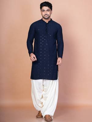 Navy blue cotton blend kurta patiala set for men with embroidery work 2
