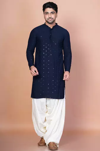 Navy blue cotton blend kurta patiala set for men with embroidery work