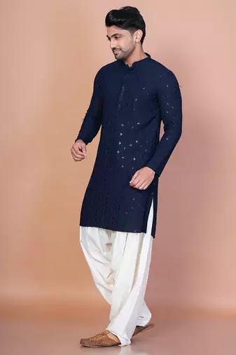 Navy blue cotton blend kurta patiala set for men with embroidery work