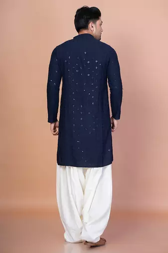 Navy blue cotton blend kurta patiala set for men with embroidery work