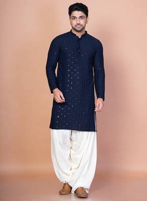 Navy blue cotton blend kurta patiala set for men with embroidery work 5
