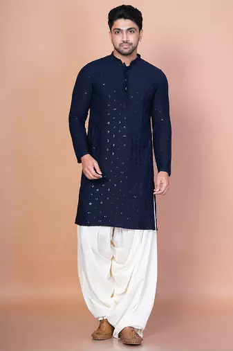 Navy blue cotton blend kurta patiala set for men with embroidery work