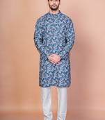 Blue cotton blend kurta pyjama set for men with printed design