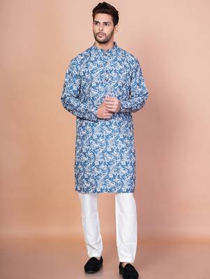 Blue cotton blend kurta pyjama set for men with printed design 5